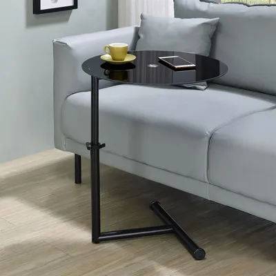 Produktbild von Beistelltisch LEONIE höhenverstellbar, Schwarz, Metallgestell, Sicherheitsglas, ideal für Wohnzimmer, höhenverstellbar Couchtisch, runder Beistelltisch.