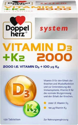 Produktbild von Doppelherz system Vitamin D3 + K2 2000 Tabletten, 120 St. Tabletten