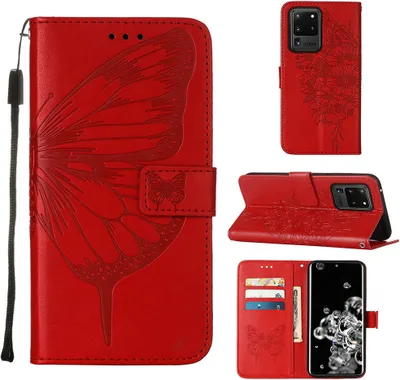Produktbild von Galaxy S20 Ultra Hülle, Schmetterling Prägung Flip Leder Kartenfächer Schutzhülle Ledertasche mit Ständer für Samsung Galaxy S20 Ultra Rot
