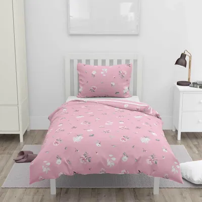 Zdjęcie produktu dla HOME ELEMENTS Pojedyncza pościel bawełniana, dwustronna, Kwiaty, różowa