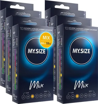 Obrázok produktu pre Kondómy My.Size Mix veľkosť 3, 53 mm, výhodné balenie, | 60 kusov | Kondómy v 4 vzrušujúcich variantoch, s príchuťou, farbou, výstupkami a klasické