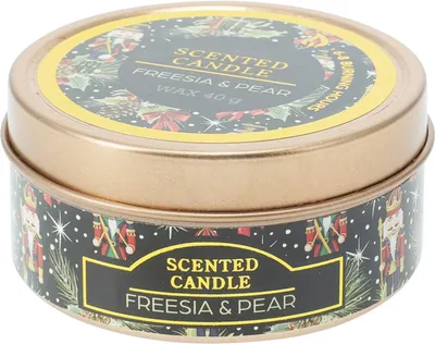 Productafbeelding van Kerstgeurkaars in een cadeaublik van 6,2 cm, met de geur van freesia en peer