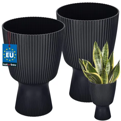 Produktbild von KOTARBAU® 2er Set Blumentopf ⌀ 18cm Orchideentopf Übertopf für Zimmerpflanzen Pflanzentopf mit Sockel Geriffelt Kelchform Kunststoff Pflanzkübel Anthrazit