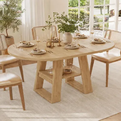 Zdjęcie produktu dla Rozkładany stół jadalny o wymiarach 110–150 × 110 cm, okrągły, z wbudowanym blatem rozkładanym i półką, wykonany z MDF, wytrzymujący obciążenie do 60 kg, przeznaczony dla 4–6 osób, kolor dąb