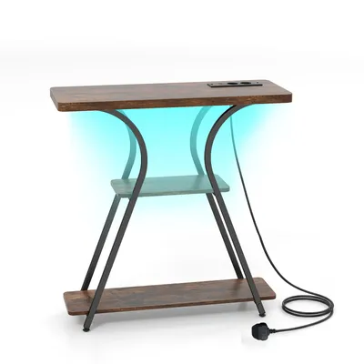 Produktbild von COSTWAY Konsolentisch mit LED-Beleuchtung und Ladestation, schmaler Flurtisch mit 3 Ablage, Metallrahmen & Fernbedienung, Beistelltisch, Braun