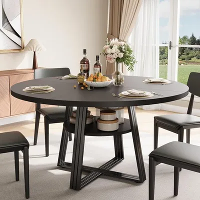 Produktbild von Runder Esstisch für 4–6 Personen, 120 cm (L) x 75 cm (H) Küchentisch aus Holz mit Ablagefach und X-förmigem Metallgestell Esszimmertisch für Esszimmer, Küche Oder Wohnzimmer