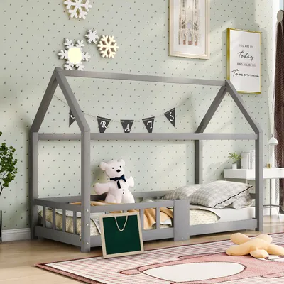 Image de MODFU Lit enfant 90 x 200 cm - Lit maison avec protection contre les chutes - Sans matelas - Gris