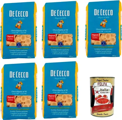 Produktbild von De Cecco Orecchiette N°91, 100% Italienisch Pasta Nudeln 5x 500g + Italian Gourmet Polpa 400g