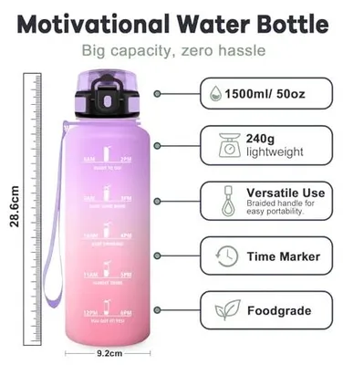 Imagen del producto de Botella de agua JAPORIA de 1.5L, sin BPA, con filtro y marca de tiempo, a prueba de fugas, ideal para actividades deportivas, camping, senderismo, escuela, yoga y gimnasio