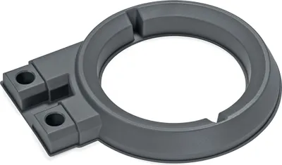 A gray plastic ring-shaped part with two mounting holes on a flat extension.