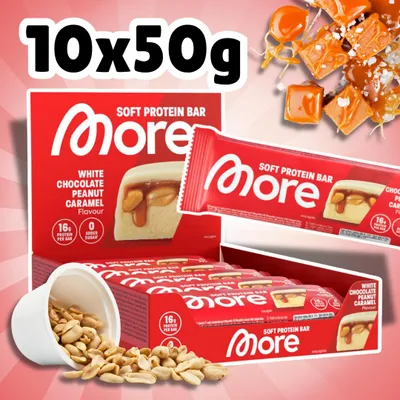 Produktbild von MORE Soft Protein Bar White Chocolate Peanut Caramel 10 x 50 g + Heartforcards Versandschutz
