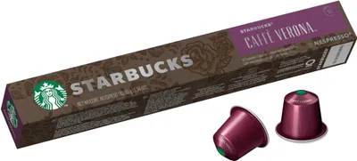 A box of Starbucks Caffe Verona Nespresso capsules and two individual capsules.