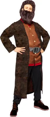 A man wearing a Hagrid costume, standing against a white background.