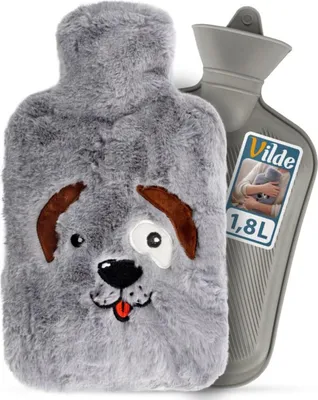 Obrázok produktu pre Vilde | Termofor s obalom - sivý pes - 1,8 l - Huňatý Termofor - Plyšový obal s mäkkou kožušinou - Umývateľný