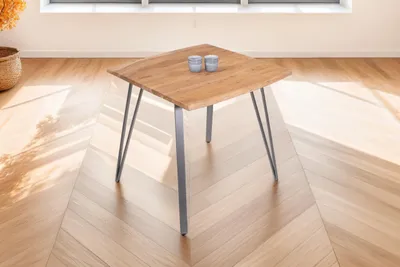 Produktbild von Baumkantentisch 90x90 cm Celia, Akazienholz naturfarben + massiv, echte Baumkante, Esstisch aus Massivholz, Esszimmertisch mit Metallgestell Silber
