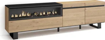 Image de COZY Meuble TV, Banc Télé, 200x35x57cm, Pour les TV jusqu'à 80", Cheminée électrique, Chêne et noir
