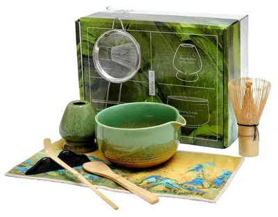 Zdjęcie produktu dla Zestaw do parzenia matchy, 8-elementowy, z ceramiczną miską, sitkiem, łyżką i podstawką, kolor zielony