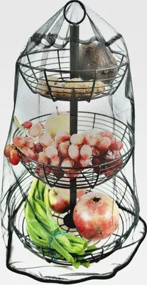 Produktbild von 3-stöckige - Obstschale mit Insektenschutz – Schwarz - runde Etageren - Teller Ø29 cm, Höhe 47 cm – Obstkorb - Obstständer -für Obst & Snacks - Gemüse -