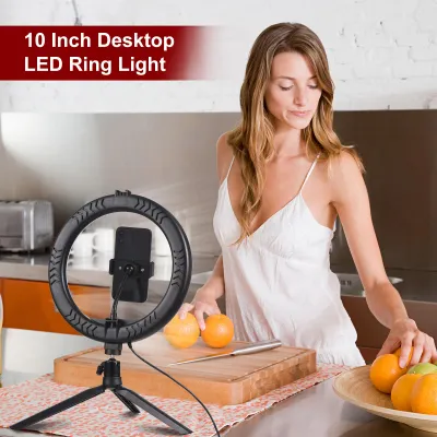 Obrázek produktu pro 10palcové LED kruhové světlo, osvětlení pro videokonference, 3 režimy, 11 úrovní, nastavitelná jas, napájení přes USB, s stolním stativem + flexibilním držákem na telefon, kulový adaptér pro živé vysílání, selfie, líčení, online schůzky, výuku