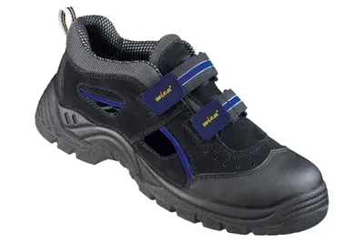 A single black safety sandal with blue accents is shown against a white background.