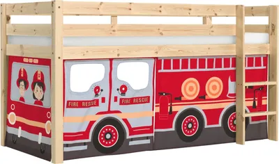 Produktbild von Kinderbett Karolina 210x114x106 Massivholz Natur Textilset Feuerwehr
