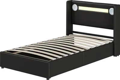 Produktbild von Polsterbett 90x200cm Kinderbett (Ohne Matratze) Jugendbett Mit LED-Lichtleiste Bluetooth-Player und USB-Aufladung Aufbewahrungsbett Kunstleder Schwarz
