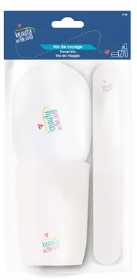 Imagen del producto de Dispensador de jabón, soporte para cepillos de dientes, vaso, plástico sostenible, set de viaje