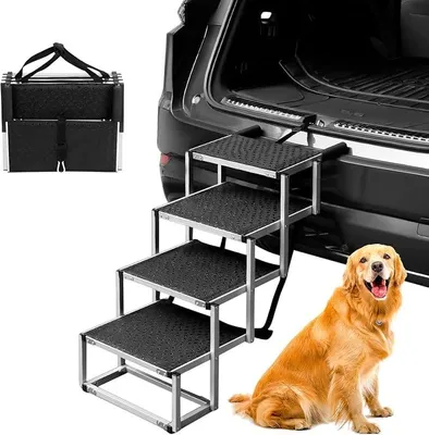 Imagen del producto de Escalera plegable para perros, ideal para el coche, con 4 escalones, superficie antideslizante para facilitar el acceso de perros pequeños y grandes, altura de 64 cm, capacidad de hasta 80 kg