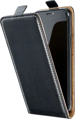 A black flip phone case is shown open, revealing the inside of the case and a portion of a smartphone.