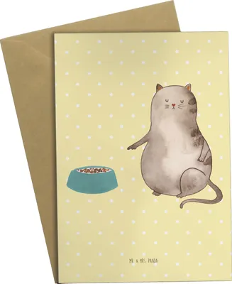 Produktbild von Mr. & Mrs. Panda Glückwunschkarte Katze Fressen - Gelb Pastell - Geschenk, hochzeitskarten, osterkarten, einladungskarten, weihnachtskarten, osterkarte