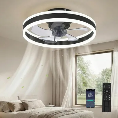 Obrázek produktu pro Stropní ventilátor s osvětlením, 3 teploty barvy a 6 rychlostí, ovládání přes aplikaci/dálkové ovládání, tichý, s funkcí stmívání, černý, 50 cm