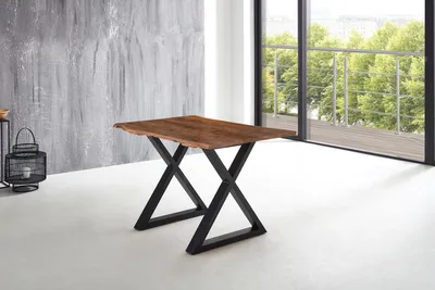 Produktbild von Esstisch Baumkante massiv Akazie nussbaum 120 x 80 X-Gestell schwarz LUBIN