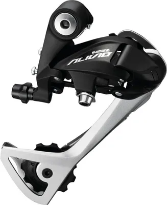 A bicycle rear derailleur is shown against a white background.