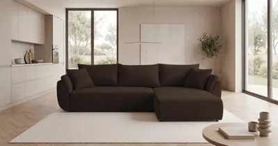 Image de Canapé d’angle SYDNEY droit marron velours côtelé Poso 6 - fonction couchage, coffre de rangement pour la literie