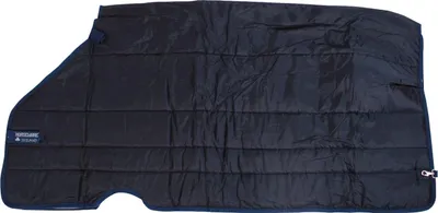 A navy horse blanket laid flat on a white background.