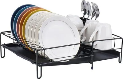 Productafbeelding van Unyqoos® Afdruiprek met bestekhouder – ruimtebesparend, zwart, roestvrij staal, zwart gecoat draadrooster, draaibare afvoer, 17 x 13 x 4,9 inch