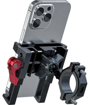 Productafbeelding van Telefoonhouder voor fiets of motorfiets, 6 klemmen, 360° draaibaar, aluminium, zwart/rood, geschikt voor telefoons van 4,5 tot 7 inch