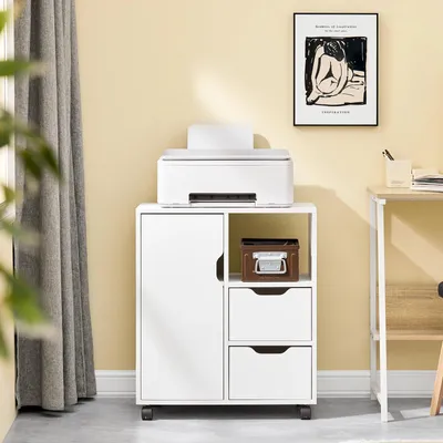 Image de Table d'imprimante à roulettes - FBT105 Armoire à dossiers - 2 tiroirs - Bois - 91x67x127 cm - À monter soi-même - Blanc