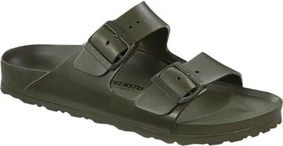 A single green Birkenstock sandal is shown against a white background.