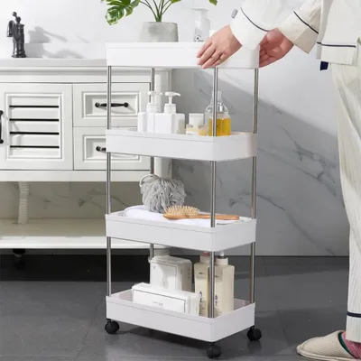 Obrázek produktu pro Čtyřpatrový vozík - vozík na podávání a do kuchyně - 4 plastové koše - kovový rám - s kolečky - určený k sestavení - bílý