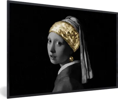 Produktbild von MuchoWow® Gerahmtes Poster Mädchen mit einem Perlenohrring - Vermeer - Gold 90x60 cm - Poster mit Schwarzem Bilderrahmen Wandposter Rahmen Foto Bilder - Fotorahmen - Foto-Plakat
