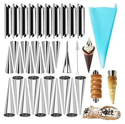Produktbild von 33 Stück Edelstahl Cannoli Form Röhren Set mit Zubehör - 3 Arten von Croissant Konische Spirale Sahnerollen Hörnchen Schillerlockenform - Auch für Croissant Shell #4