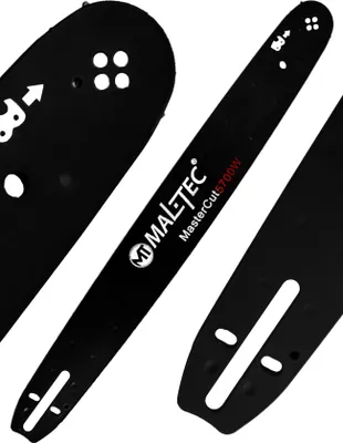 A black chainsaw guide bar and a part of another guide bar are shown against a white background.