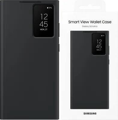 A black Samsung Smart View Wallet Case for a Galaxy S23 Ultra is shown next to its packaging.