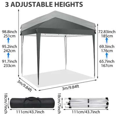 Image de Pavillon pliable 3x3 mètres - Tente de jardin pop-up - Tissu Oxford 420D imperméable - Protection solaire UPF 50+ - Réglable en hauteur (3 positions) - Gris foncé