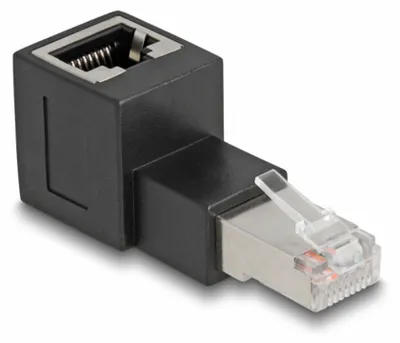 Produktbild von DeLOCK RJ45 Stecker zu RJ45 Buchse Adapter Cat.6A 90° nach oben gewinkelt, RJ45, Schwarz, Männlich/Weiblich, Abgewinkelt, Cat6a, Gold