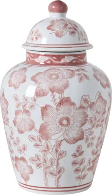 Produktbild von BELIANI Blumenvase mit Deckel Weiß u. Hellrot Porzellan 36 cm Hoch Groß Gewölbt Handgemacht Chinesische Deckelvase Urnenvase Keramikvase Bodenvase