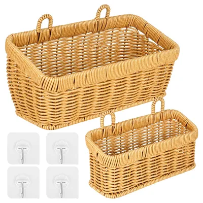 Image de Paniers tressés de rangement - Lot de 2 avec crochets pour la décoration