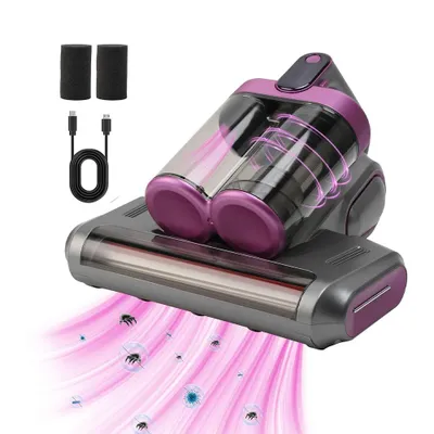 A close-up product shot of a handheld vacuum cleaner with accessories, against a white background. The vacuum is shown with pink suction lines indicating its function, and small illustrated dust mites being drawn in.