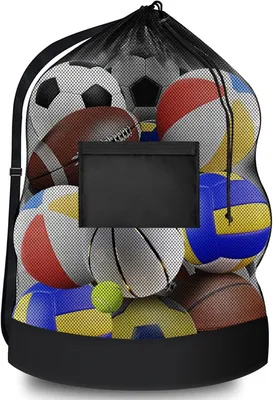 Imagen del producto de Red para 10 balones, de 76x102 cm, fabricada en poliéster, con cordón y correa para el hombro, ideal para balones deportivos